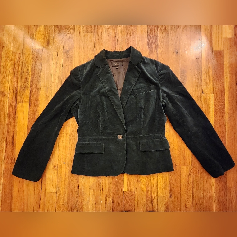 Talbots Emerald Green Velvet Single Button Blazer w/Lining Size 12 Luxury